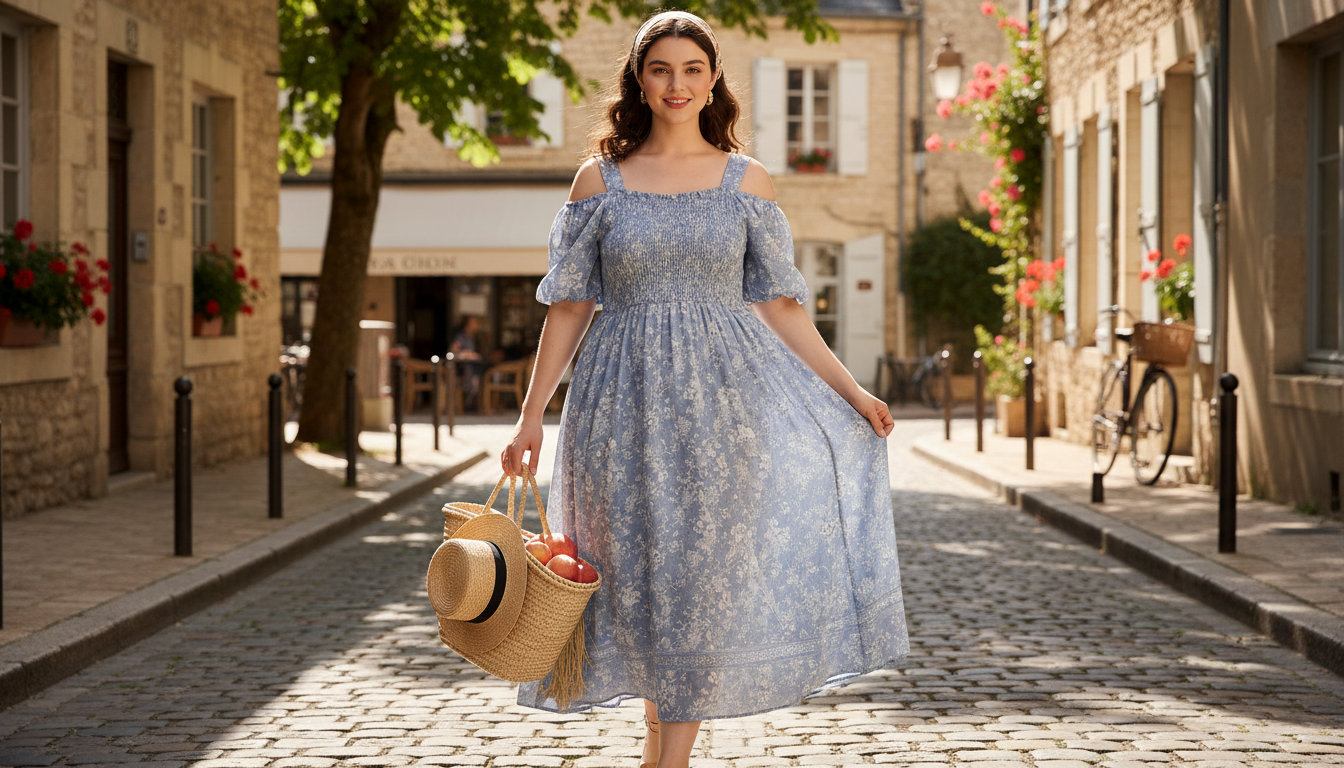 Plus-Size French A-Line Puff Sleeve Dress for Summer